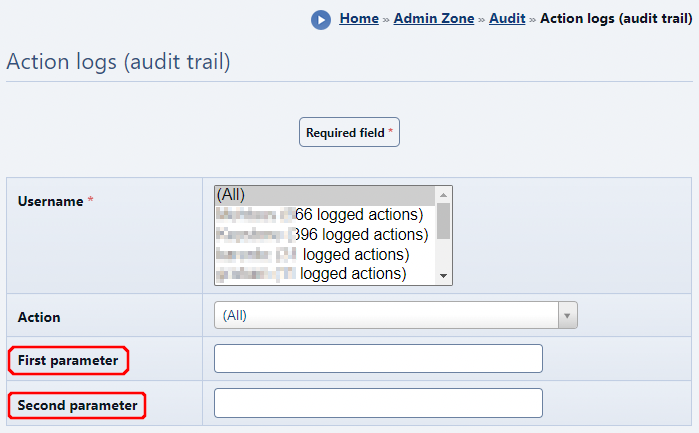 Action logs (audit trail) parameters?